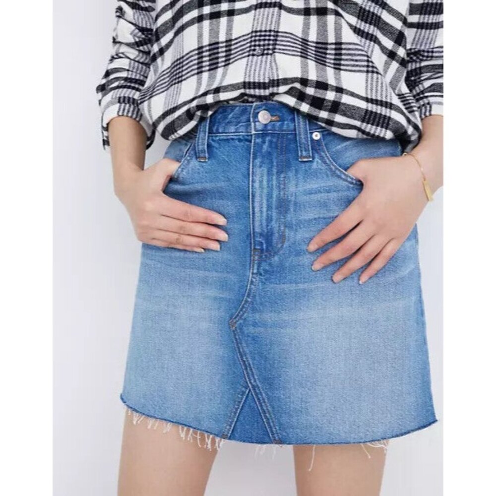 Madewell Denim Skirt Rigid A Line Light Blue Jean Fray Hem